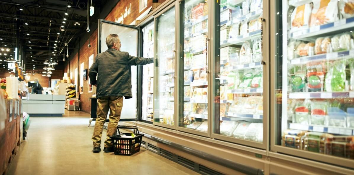 Refrigerated display cases in a grocery store